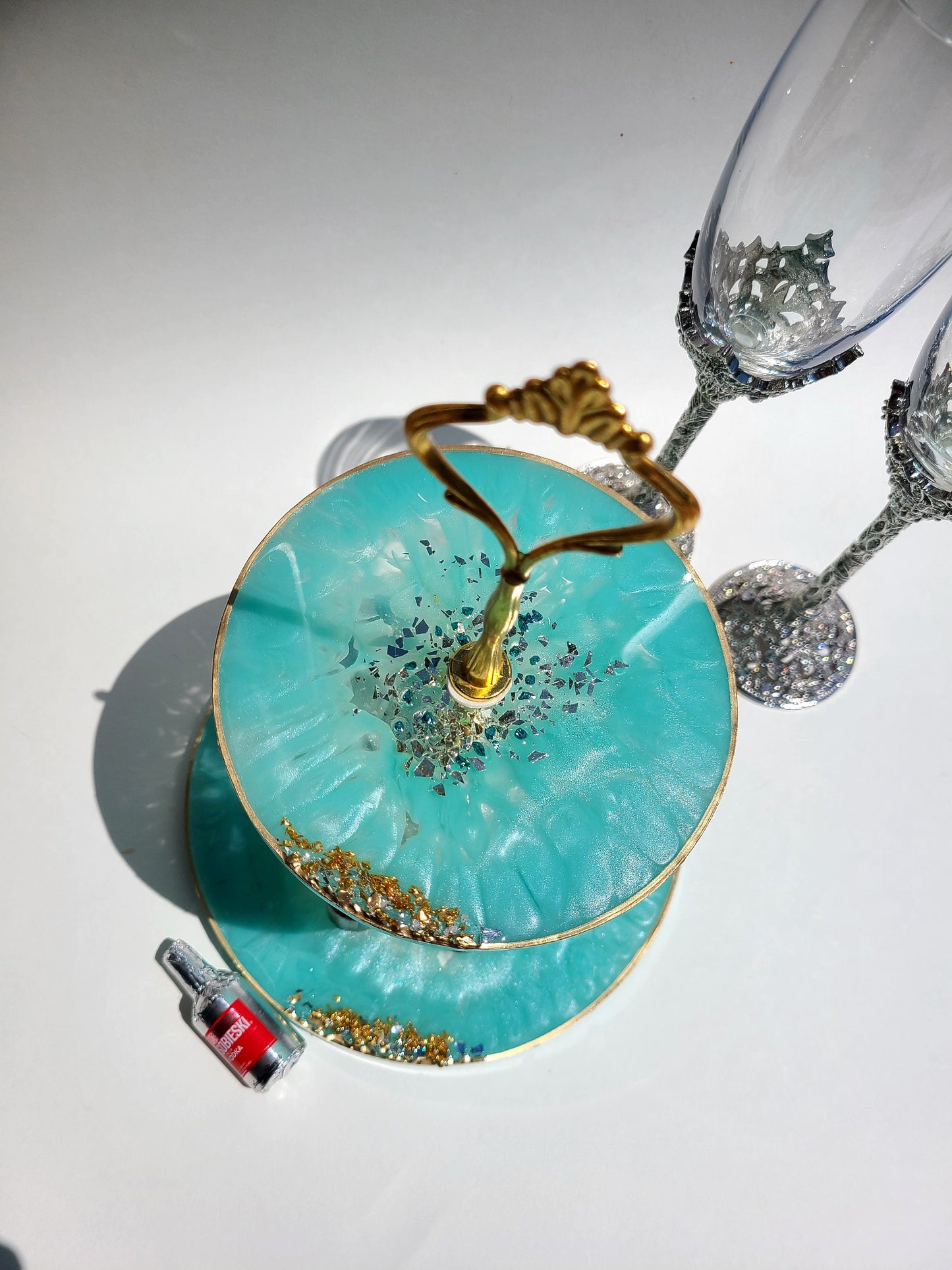 Handmade Two Tiered Epoxy Resin Tray – Blue Accent Decor