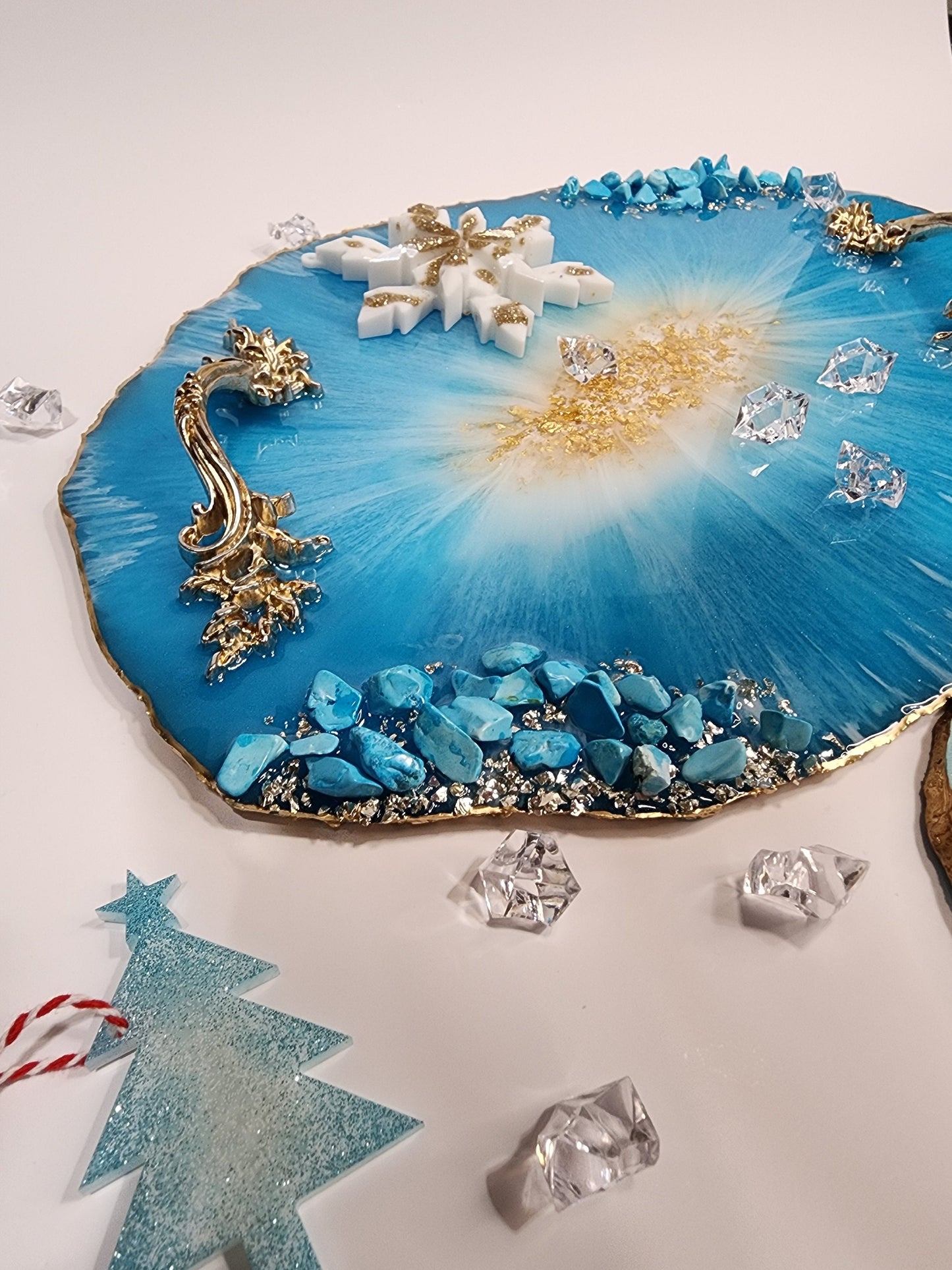 Resin Geode Tray and Coaster Set – Turquoise Stones, Golden Handles