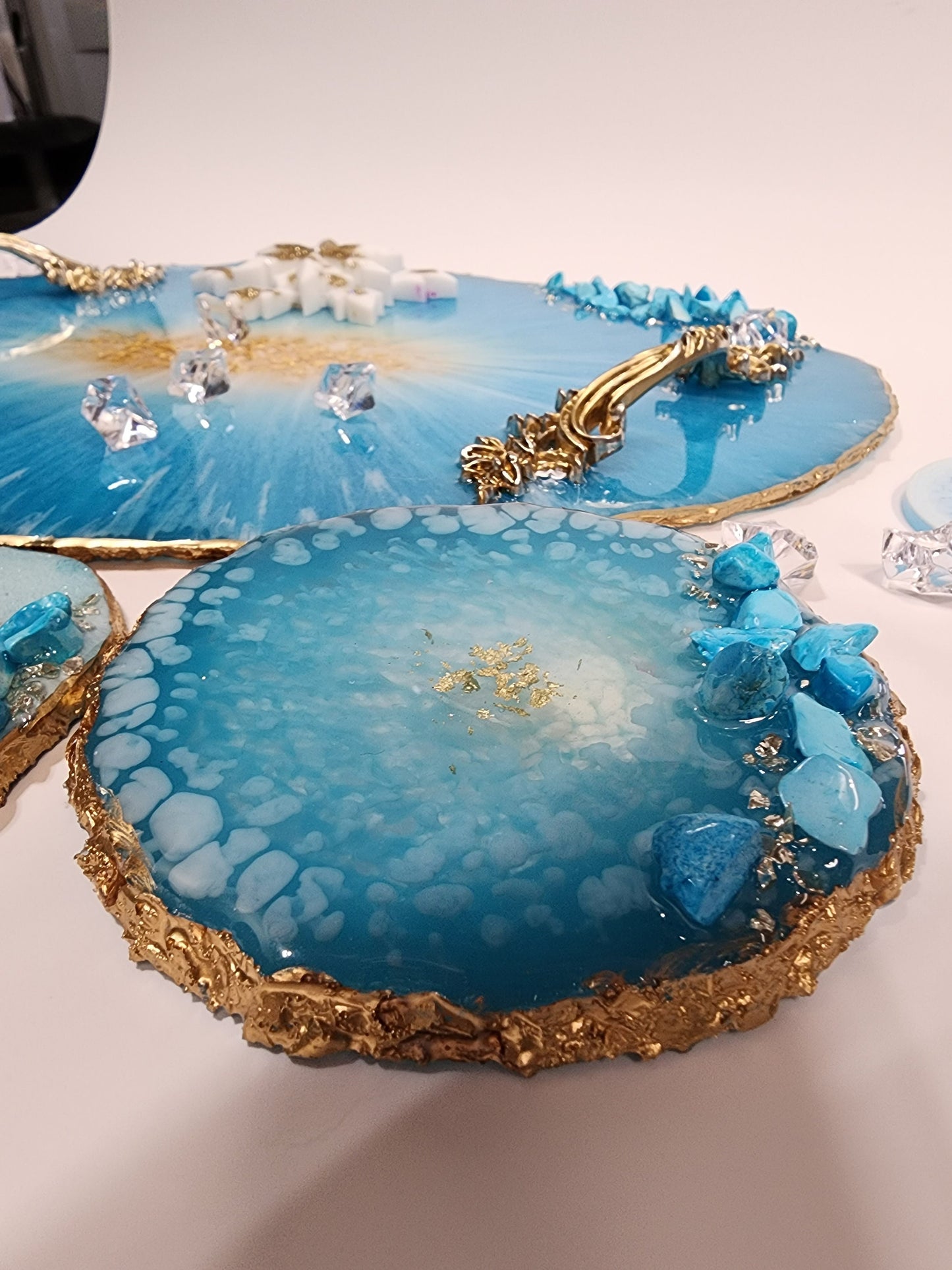 Resin Geode Tray and Coaster Set – Turquoise Stones, Golden Handles