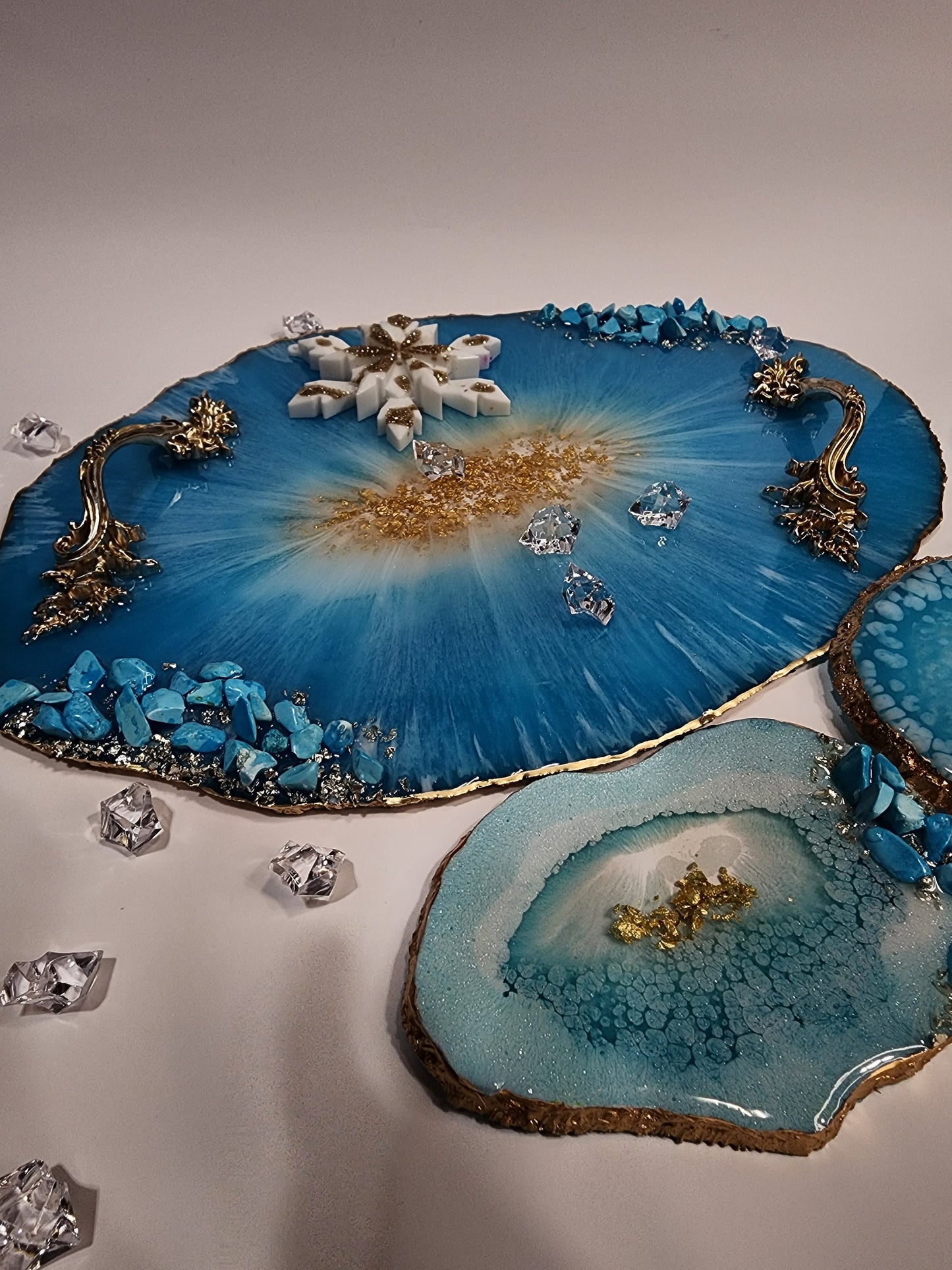 Resin Geode Tray and Coaster Set – Turquoise Stones, Golden Handles