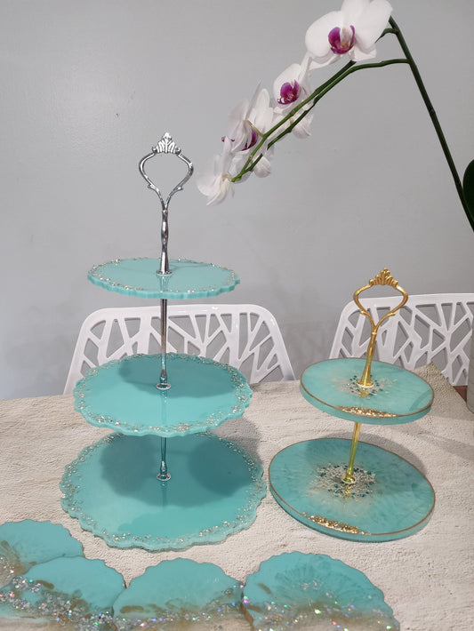 Handmade Two Tiered Epoxy Resin Tray – Blue Accent Decor