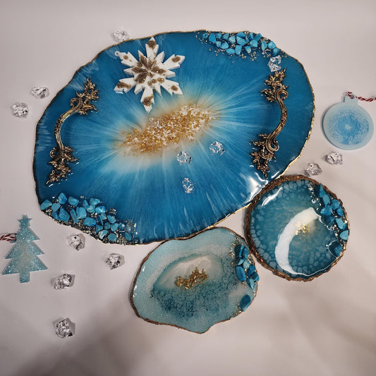 Resin Geode Tray and Coaster Set – Turquoise Stones, Golden Handles